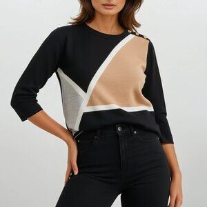 Alfred Dunner Geometric Color Block Sweater in Black, Ivory, Gray and Tan